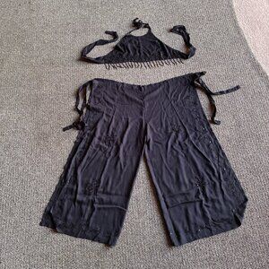 Rayon black wide-leg pants and matching halter crop top w embroidery & sequins